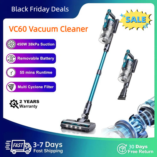 【Black Friday Deals】450W/38KPA Powerful Suction VC60 Cordless Vacuum Cleaner